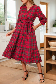 Christmas Plaid V Neck Tie Waist Midi Dress in Deep Red, front view
