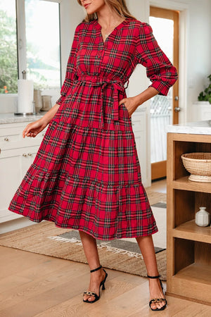 Christmas Plaid V Neck Tie Waist Midi Dress in Deep Red, front view