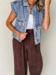 Boxy medium wash denim vest with button front and shoulder detail