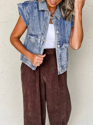 Boxy medium wash denim vest with button front and shoulder detail