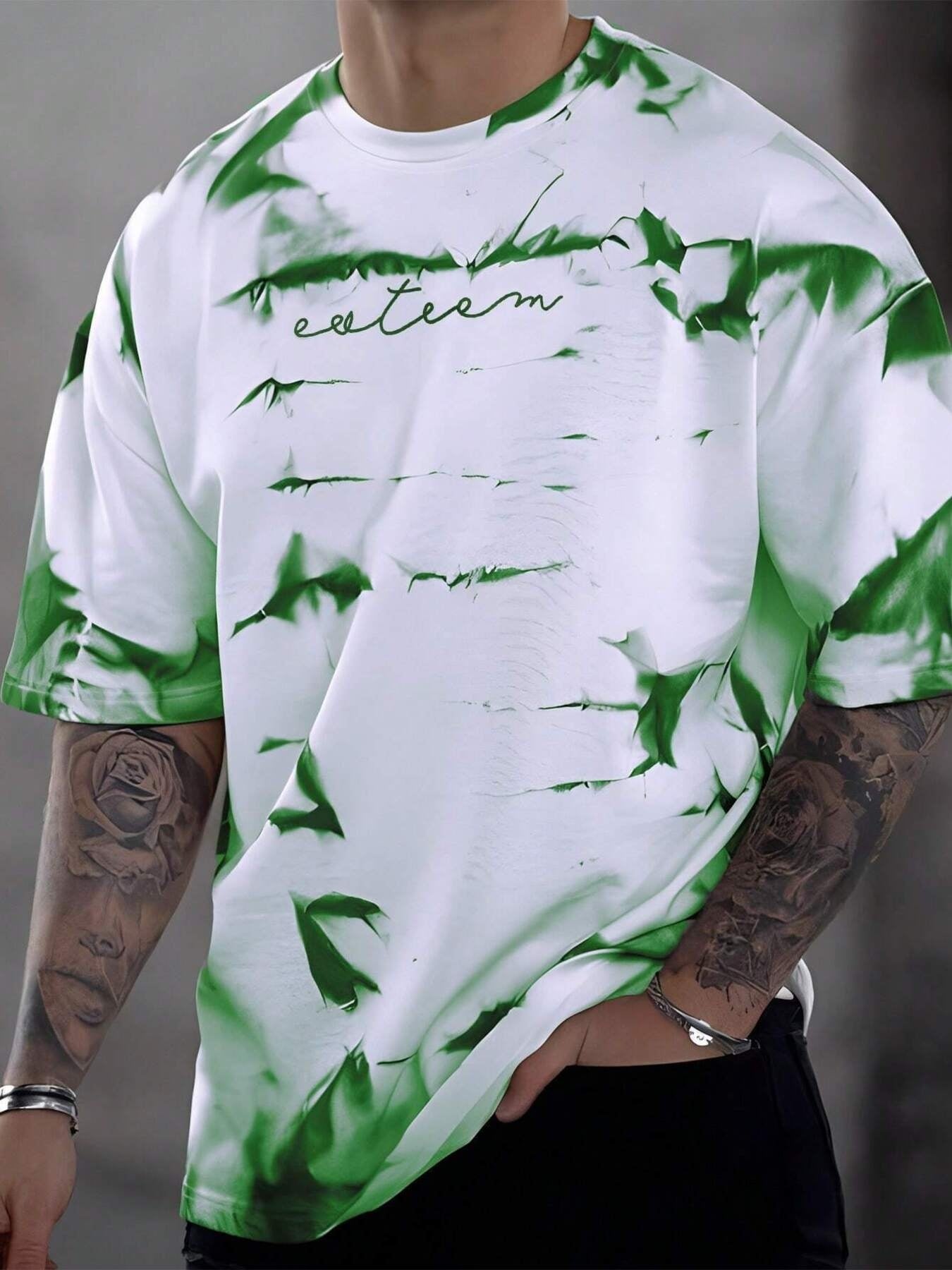 Men's green and white abstract tie-dye oversized cotton t-shirt with crew neck.