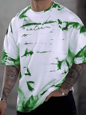 Men's green and white abstract tie-dye oversized cotton t-shirt with crew neck.