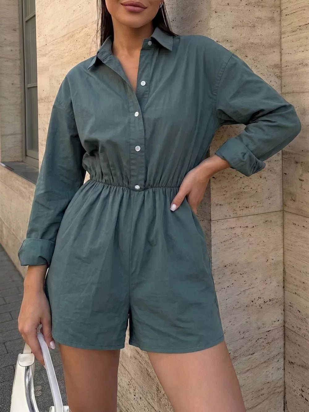 Button Front Long Sleeve Romper in Green, side view