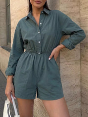 Button Front Long Sleeve Romper in Green, side view