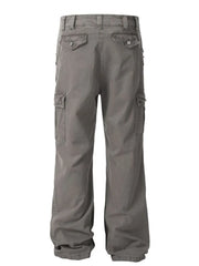 Distressed gray utility cargo pants with wide legs and multiple pockets.