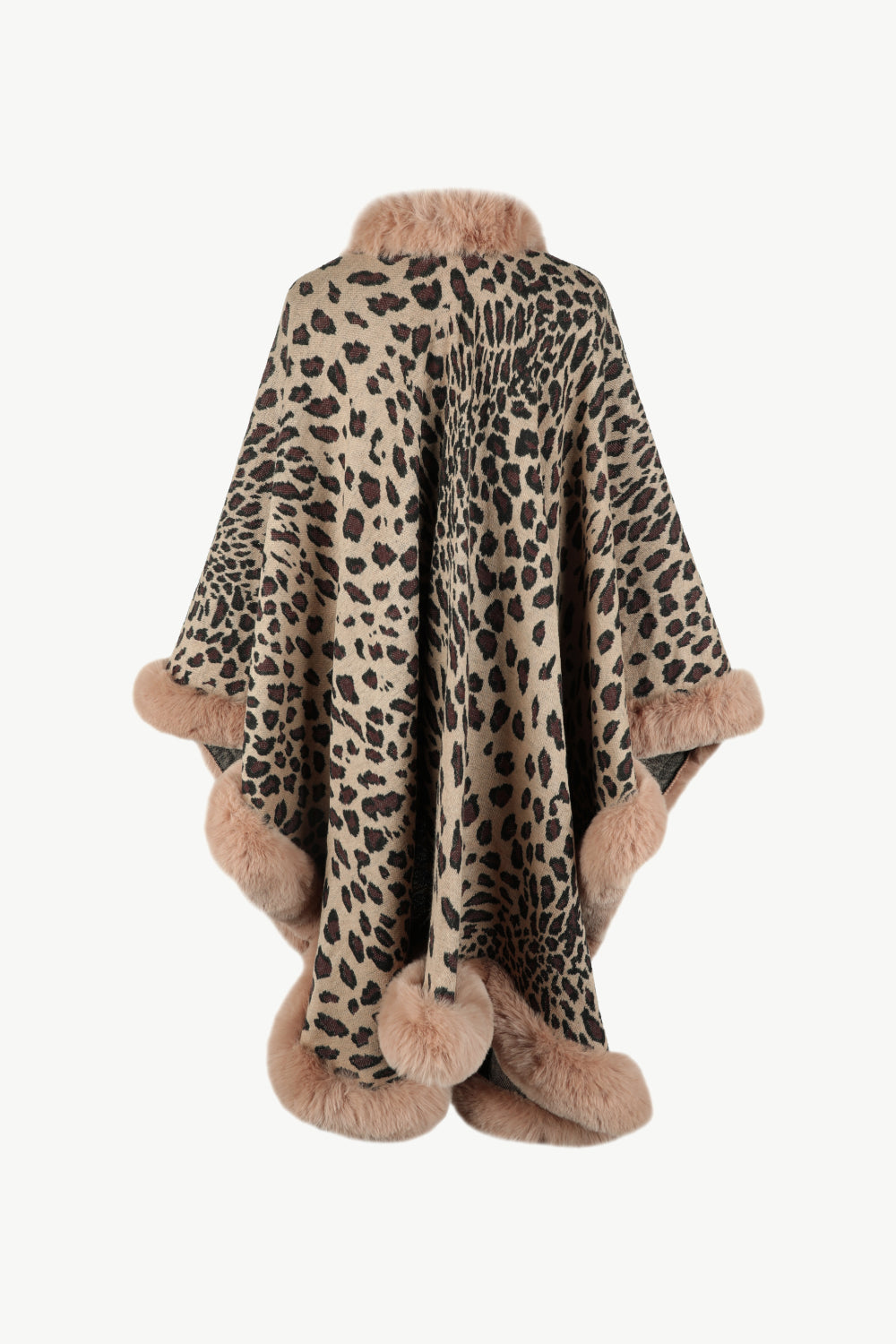Leopard print acrylic cape with faux fur trim in beige, featuring a cozy collar and hem detail.