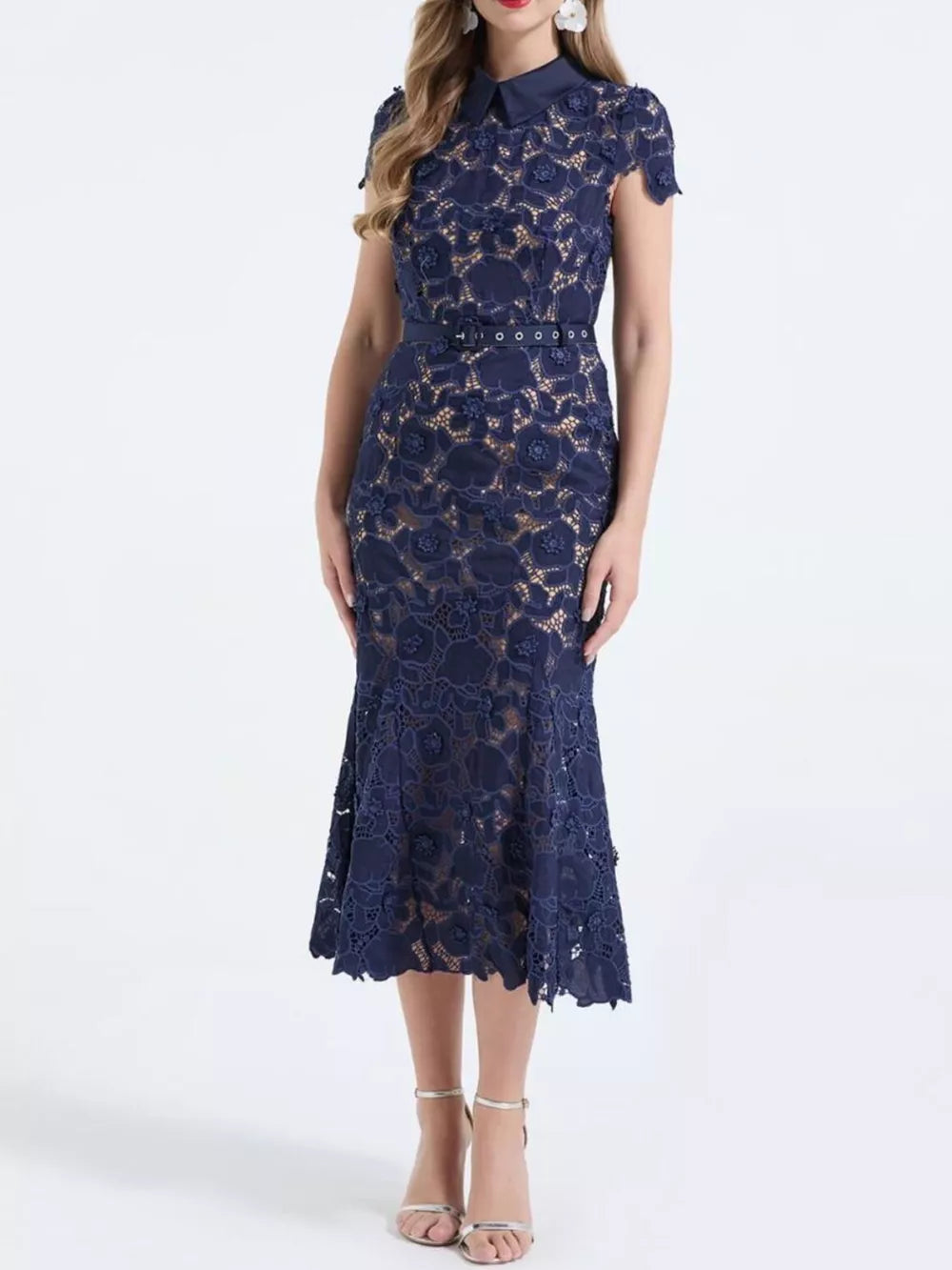 Dark blue floral lace midi dress with collar, cap sleeves, belt, and flared hem.