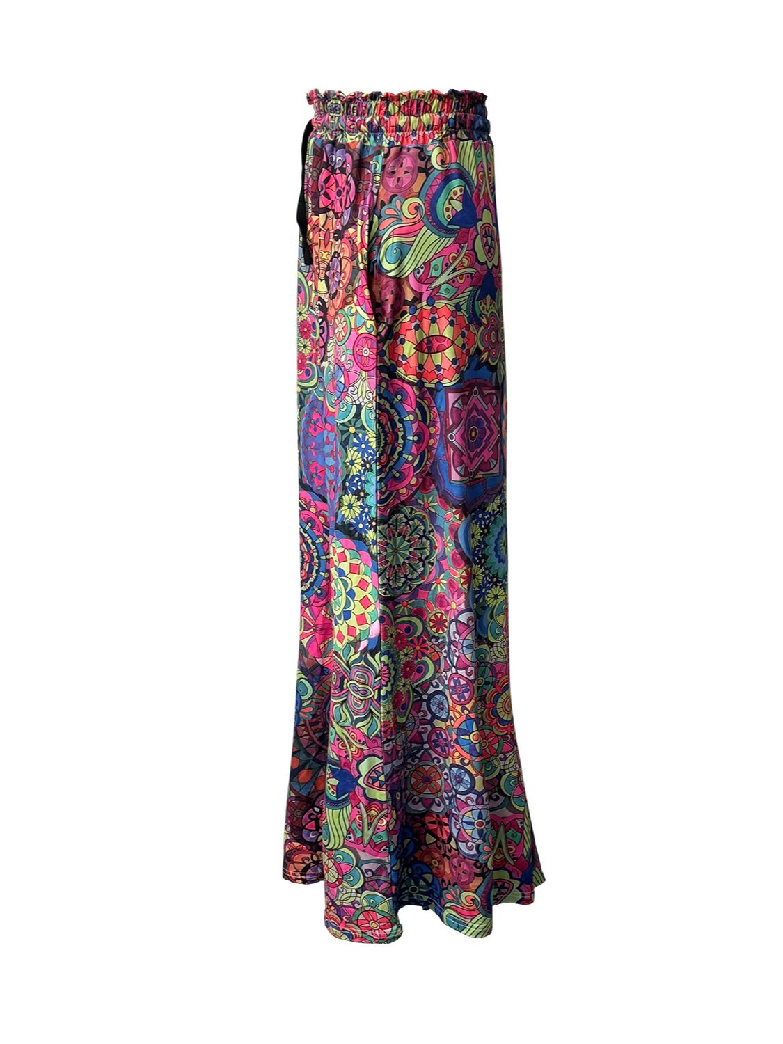 Maxi skirt in multicolor with a vibrant boho print and adjustable drawstring waist.