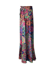 Maxi skirt in multicolor with a vibrant boho print and adjustable drawstring waist.