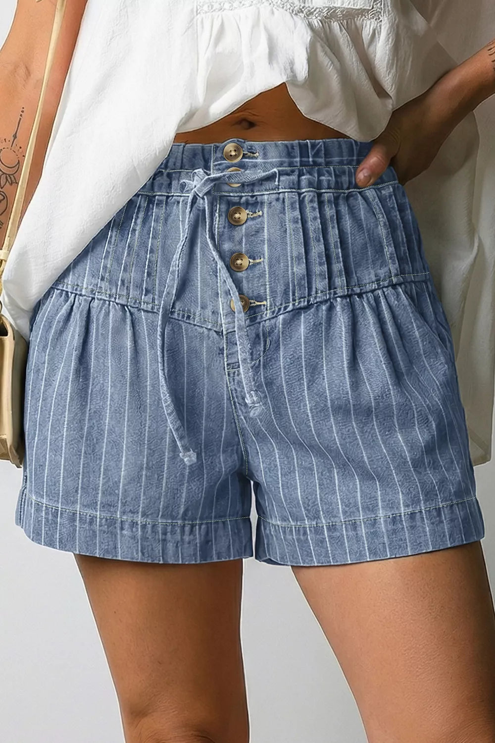 Striped High-waisted Denim Shorts, front view