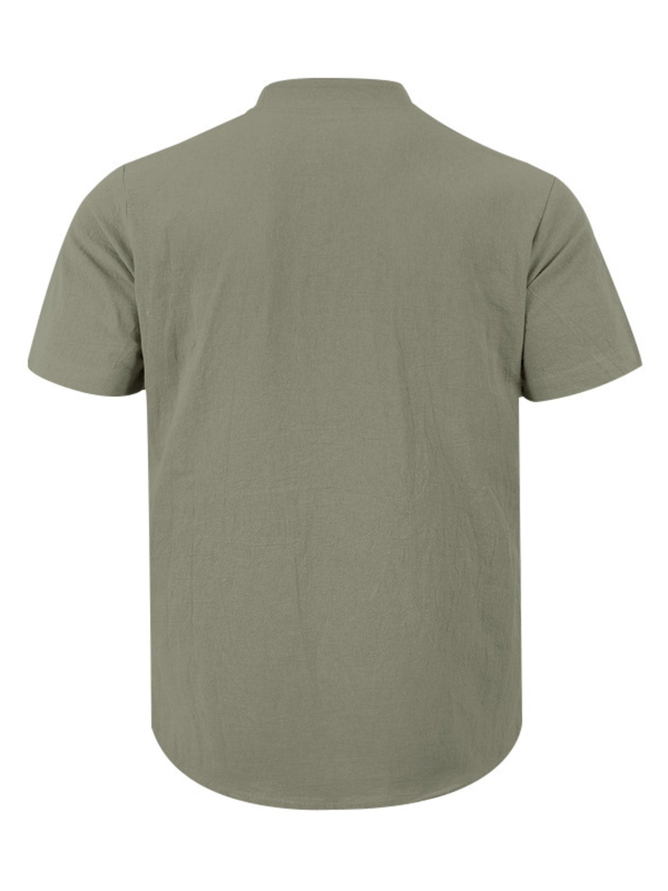 Military green cotton short-sleeve band collar shirt, back view