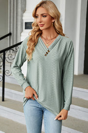 Textured Henley V-Neck Top in Light Green with button detail and diamond pattern