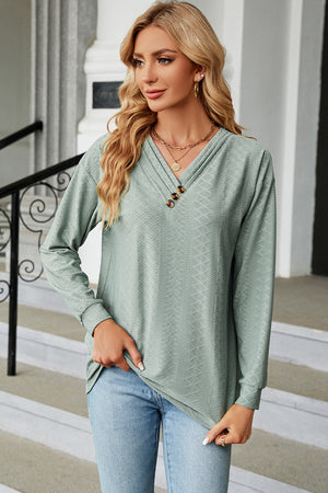 Textured Henley V-Neck Top in Light Green with button detail and diamond pattern