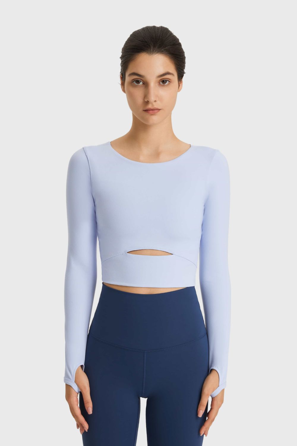 Sky blue crop top with keyhole cutout and thumbhole sleeves