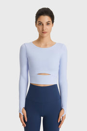 Sky blue crop top with keyhole cutout and thumbhole sleeves