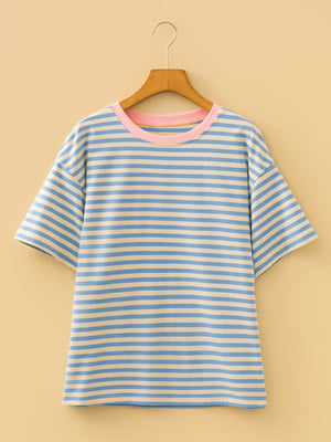 Striped round-neck t-shirt in light blue and beige cotton with a pink neckline.