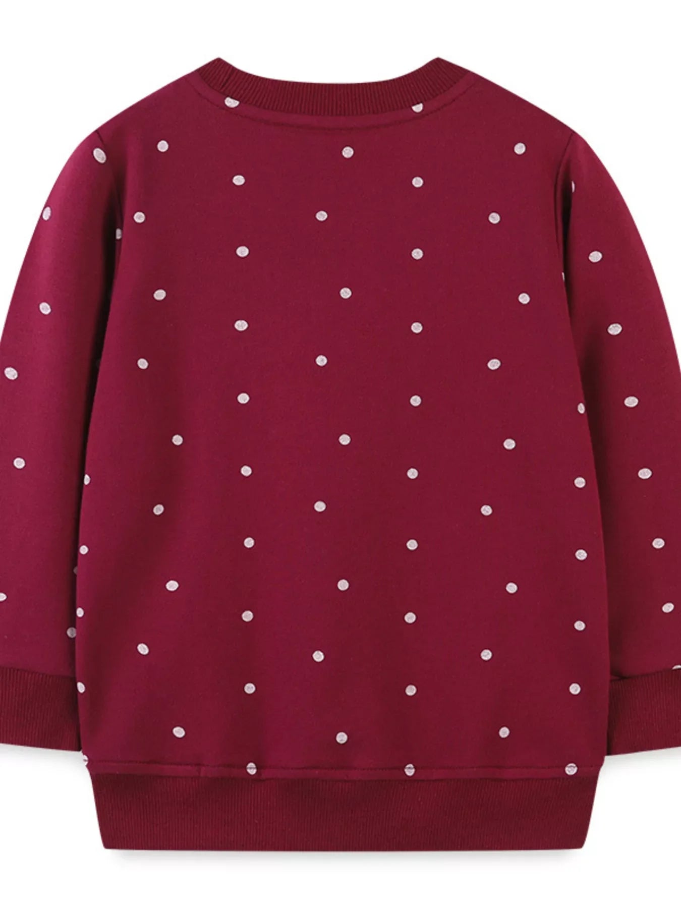Burgundy polka dot baby sweatshirt with crew neck and ribbed cuffs and hem.