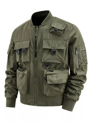 Military green bomber jacket with multiple functional pockets and zippered sleeve pocket.