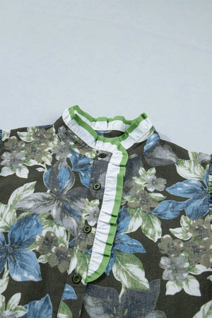 Botanical print cotton shirt with ruffled collar and green trim