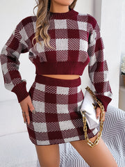 Burgundy checkered knit cropped sweater and mini skirt set with mock neck and ribbed trim.