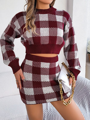 Burgundy checkered knit cropped sweater and mini skirt set with mock neck and ribbed trim.