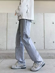 Men's light wash wide-leg jeans with a vintage look.