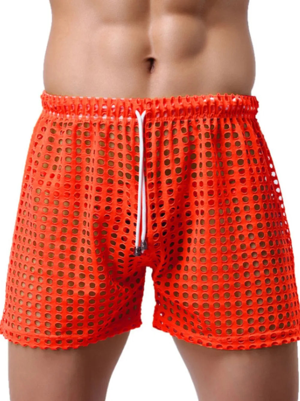 Orange perforated sport shorts with drawstring waist and elastic waistband