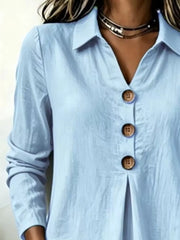 Button Detail Long Sleeve Blouse in Light Blue, fabric detail
