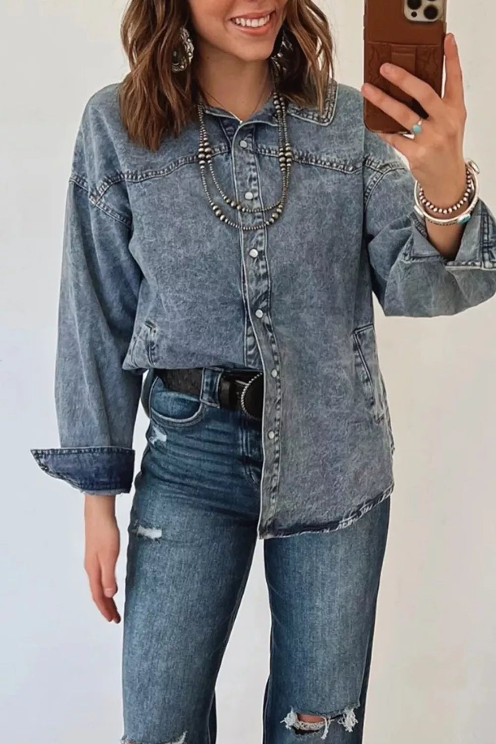 Western Long Sleeve Denim Jacket Tunic in Medium, close-up detail