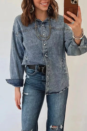 Western Long Sleeve Denim Jacket Tunic in Medium, close-up detail