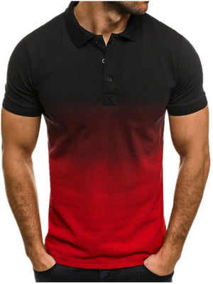 Men's black and red gradient cotton polo shirt with button detail.