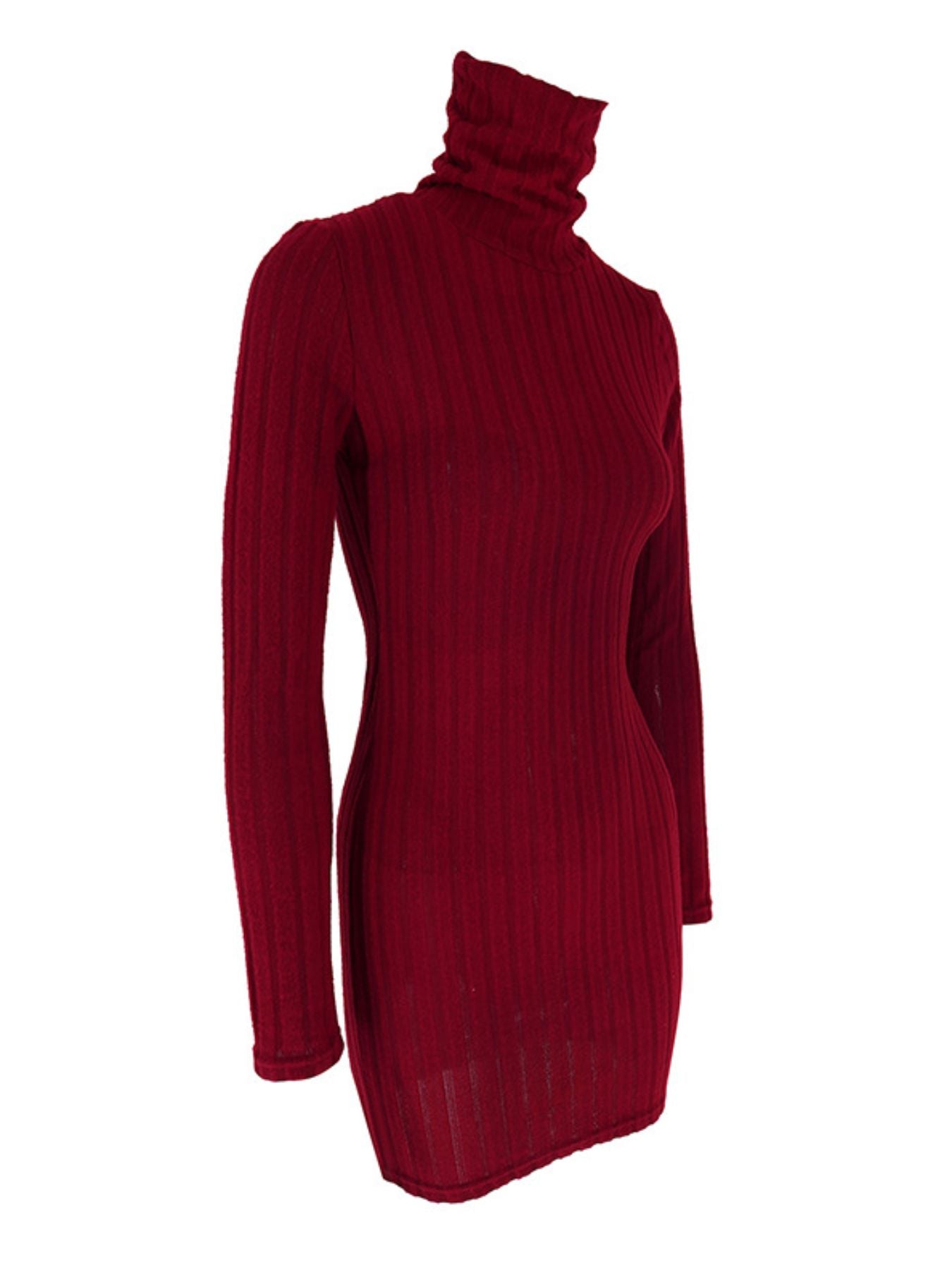 Red ribbed turtleneck bodycon mini dress with long sleeves.