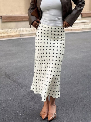 Polka Dot Midi Skirt in Orange-red, fabric detail