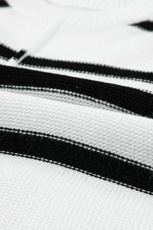 Horizontal stripe knit shell top in white with black stripes, acrylic knit fabric.