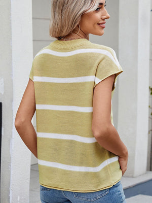 Striped knit tee in chartreuse with white horizontal stripes and a vertical seam detail.