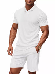 White waffle knit polo shirt and jogger shorts set for men.