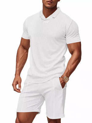 White waffle knit polo shirt and jogger shorts set for men.