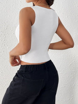 White ribbed knit tank top with bow detail, cropped length, crew neck