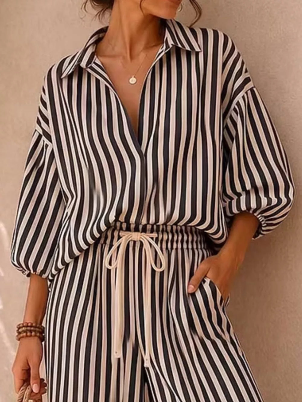 Striped Puff Sleeve Shirt And Wide-leg Pants Set in Khaki, back view