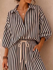 Striped Puff Sleeve Shirt And Wide-leg Pants Set in Khaki, back view