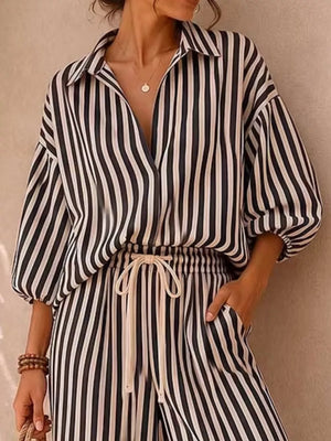 Striped Puff Sleeve Shirt And Wide-leg Pants Set in Khaki, back view