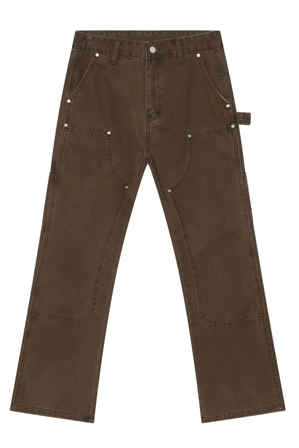 Coffee brown carpenter pants with utility pockets and reinforced knees.