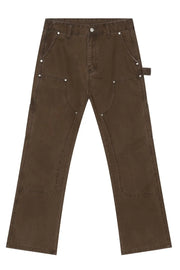 Coffee brown carpenter pants with utility pockets and reinforced knees.