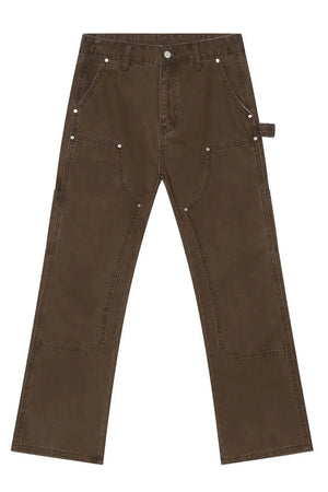 Coffee brown carpenter pants with utility pockets and reinforced knees.