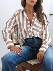 Maternity shirt with brown and white stripes, button-front, and chest pocket.
