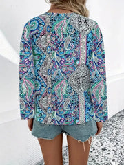 Bohemian paisley v-neck shirt with long sleeves in multicolor.