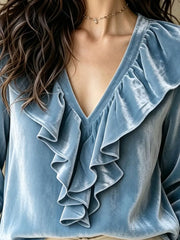 V-neck Long-sleeve Top in Sky Blue, fit detail