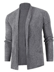 Men's gray open-front knit cardigan with shawl collar and two front pockets.