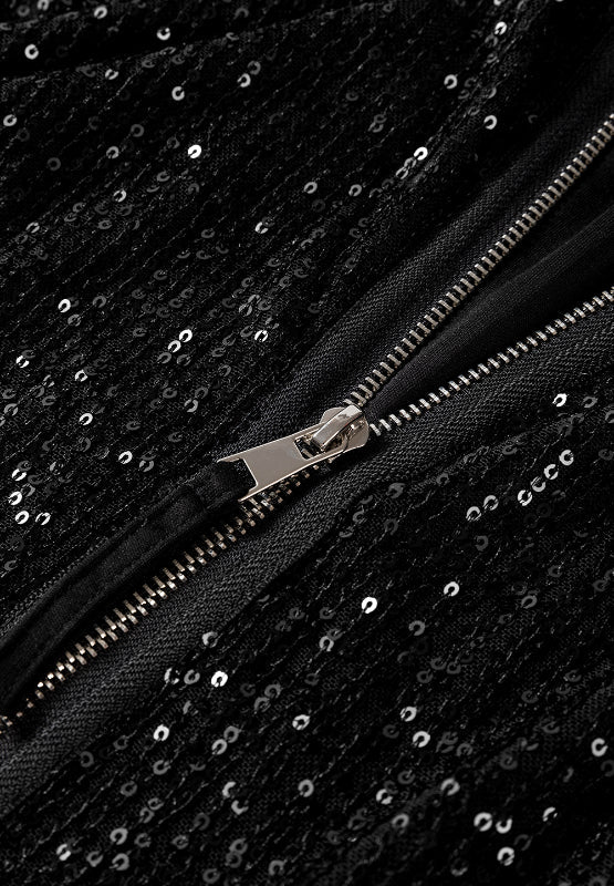 Black sequin bomber jacket with silver zipper detail and ribbed trim.