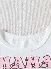 White cotton baby tee with pink retro "Mama" graphic and floral detail